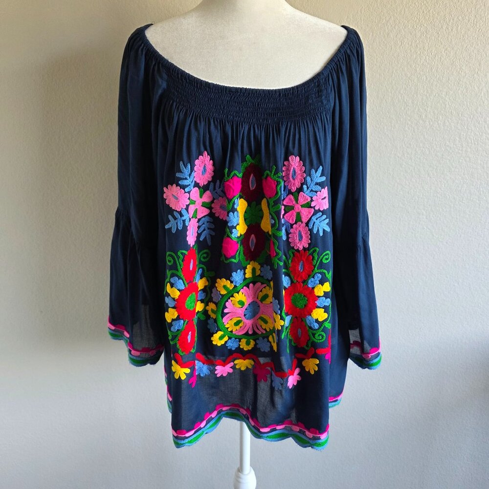 Ruby Yaya Top Blouse Bright Floral Embroidered Boho Peasant Navy Smocked Size M